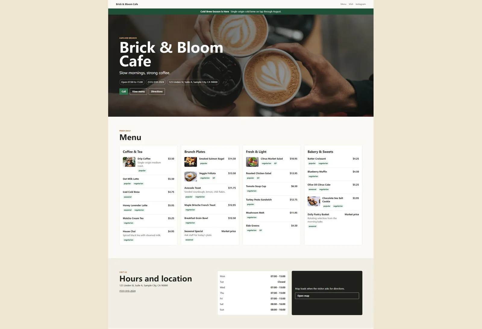 Brick & Bloom Cafe design demo — 完整网页全页预览