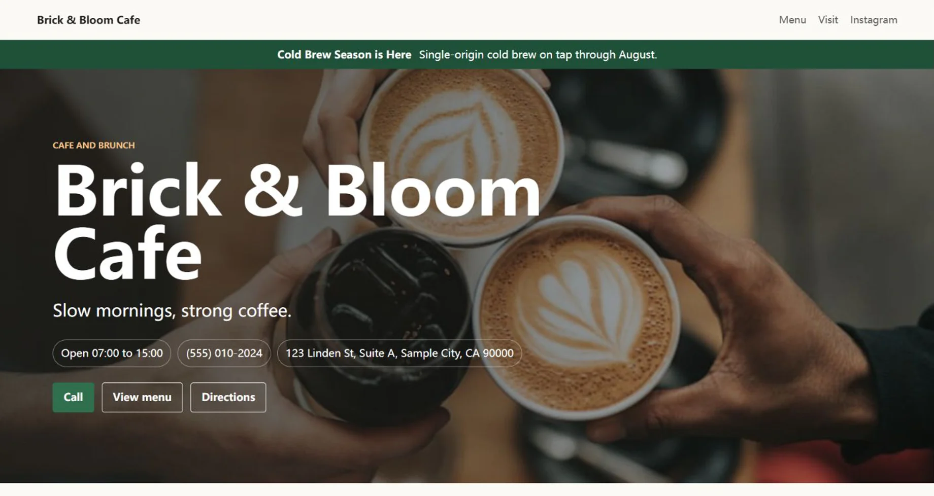Brick & Bloom Cafe design demo — 网页首屏预览