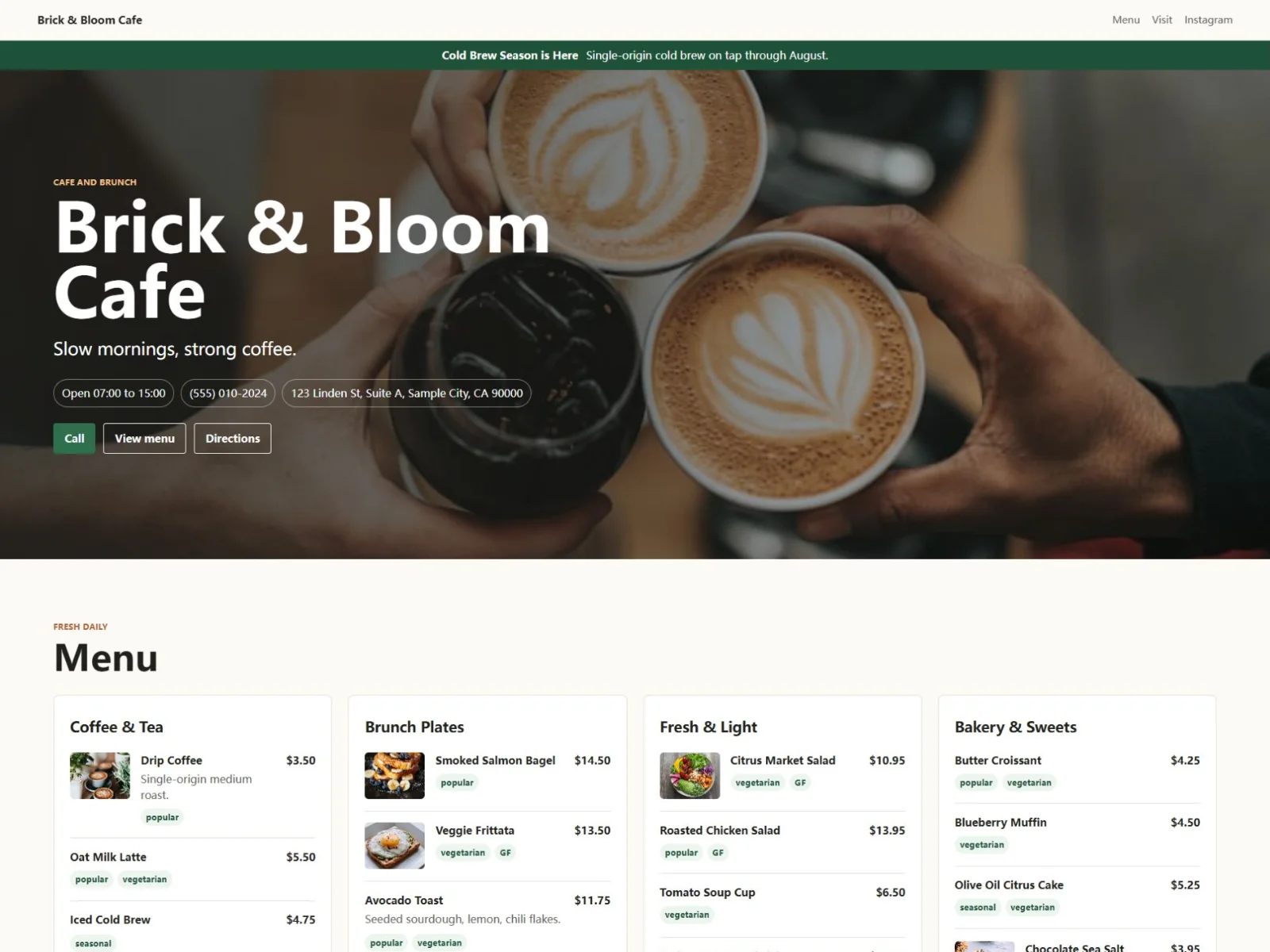 Brick & Bloom Cafe design demo — 网页顶部预览